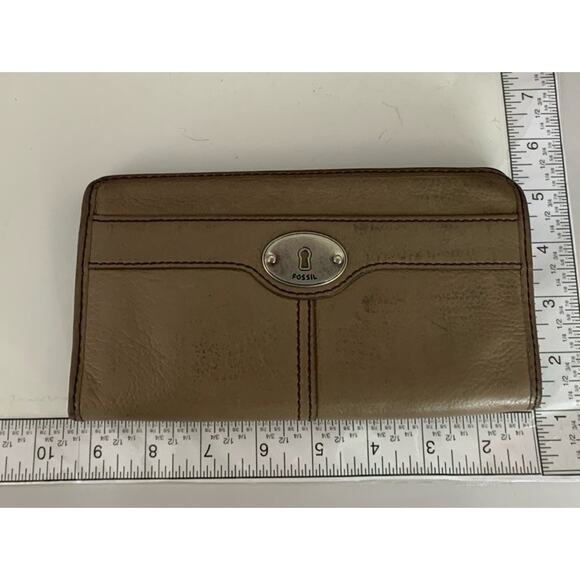 Vintage Fossil Maddox Leather Wallet Long Card Holders Tan Side Zip - Picture 9 of 10